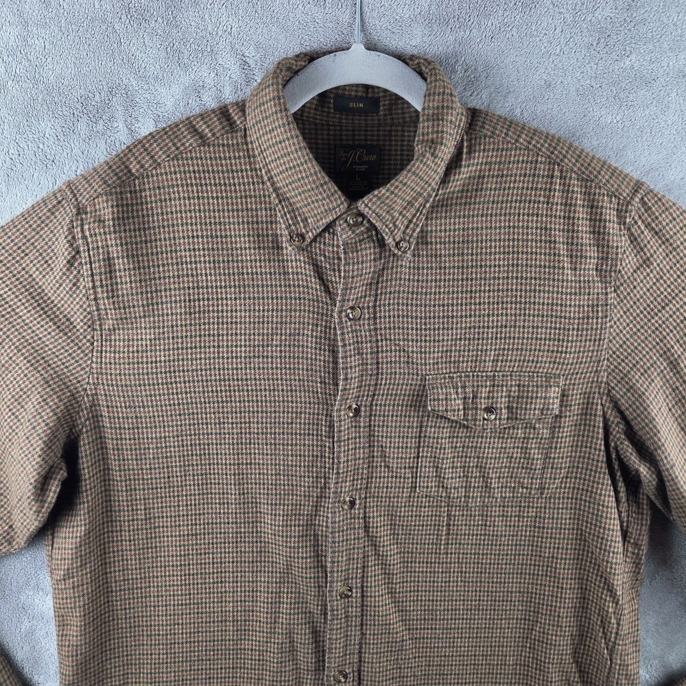 J. Crew Slim Brown Plaid Cashmere Blend Button Down Flannel Shirt Mens Large